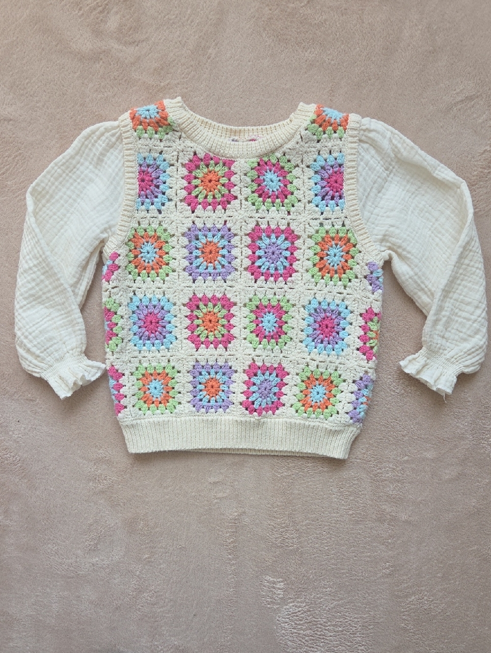 Zara Crochet Square Front Cream Muslin Long-Sleeve Top 2-3 Years